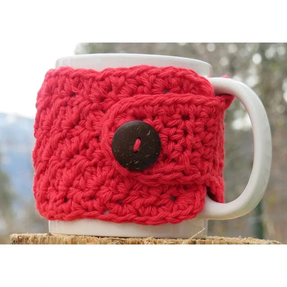 Crochet Cup Cozy Red Handmade Coffee Mug or Tea Warmer - Picture 3 of 5